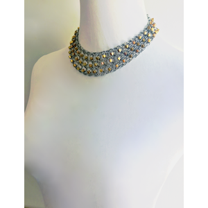 Stainless Steel Chainmail Necklace with 24K Gold Iris Glass Beads, Opal Necklace, Choker Style with Adjustable Length, Silver and Rose Gold by Nicole Parisi May