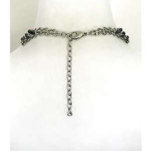 Stainless Steel Chainmail Necklace with Opal Gunmetal Iris Glass Beads and Antique Silver and Black Square Accent Charms, Adjustable Length by Nicole Parisi May