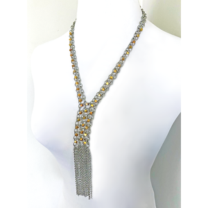 Long Stainless Steel and Gold Chainmail Fringe Necklace - 24k Gold Iris Glass Beads on Extra Lightweight Stainless Steel Chain, Opal Beaded Chains Necklace by Nicole Parisi May