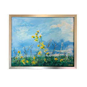 Yellow Flowers in Field - 16" X 20" Framed Original Painting - FREE SHIPPING by Bob Leopold
