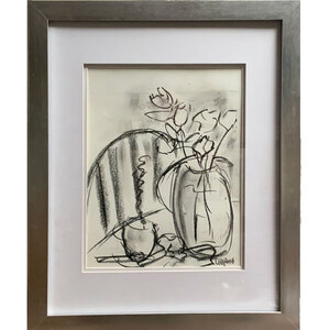 Flowers, Vase, & Chair - 16" X 20" Framed Pen and Charcoal drawing - FREE SHIPPING by Bob Leopold