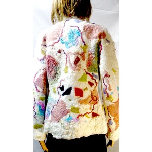 Felt white mosaic jacket embellished colorful silk, wool yarn by Maria Berghauer