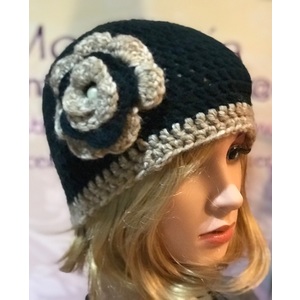 Women’s two tone beanie with a matching flower  by Sherri Gold