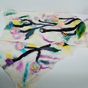 Nuno felted white with tree and flower designed scarf by Maria Berghauer