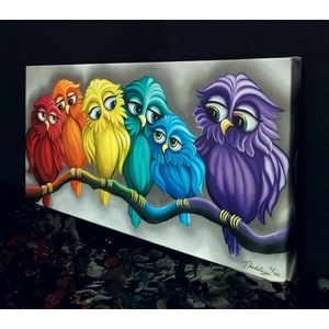 Rainbow Owls- giclee print on stretched canvas by Peter Thaddeus