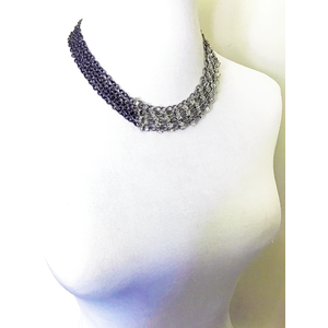Stainless Steel and Gunmetal Asymmetrical Chainmail Necklace with Silver Lined Glass Beads & Diamond Shaped Crystal Bars by Nicole Parisi May