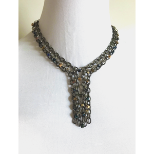 Mixed Metals Beaded Chainmail Y-Shaped Necklace, Multicolored Metallic Glass Beads on Textured Sparkling Gunmetal Chain  by Nicole Parisi May