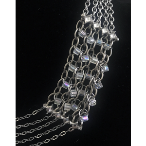 Antique Silver Clear Opal Beaded Chainmail Necklace with Draped Chains & Crystal Clear Diamond Shaped Bars, Layered Steel & Stainless Steel Chains by Nicole Parisi May