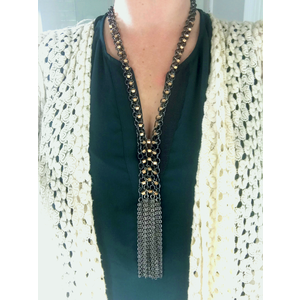 Metallic Gold Beaded Gunmetal Chainmail Fringe Necklace, Long Beaded Necklace, Fringe Jewelry by Nicole Parisi May