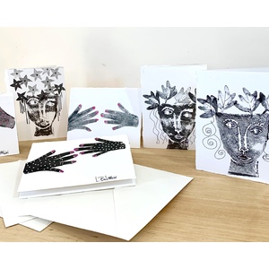 set of 6 block print face notecards  by Laura Balombini