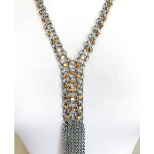 Long Stainless Steel Chainmail Fringe Necklace - Gold Beads on Extra Lightweight Stainless Steel Chain by Nicole Parisi May