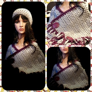 Women’s two tone poncho in gray and eggplant with a gray matching beanie  by Sherri Gold