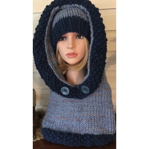 Women’s two piece set hooded cowl and matching beanie in blue tones by Sherri Gold