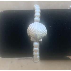 Silver Seashell Scallop in Fine Solid Silver, Freshwater Pearl stretchy Bracelet, Rolls right on! Easy on and off! 7 inch by Jay Andrew Lensink
