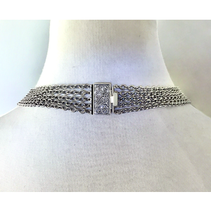 Antique Silver Clear Opal Beaded Chainmail Necklace with Draped Chains & Crystal Clear Diamond Shaped Bars, Layered Steel & Stainless Steel Chains by Nicole Parisi May