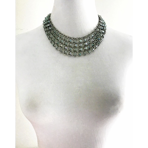 Stainless Steel Beaded Chains Statement Necklace with Opal Sea Foam Lined Clear Glass Beads, Chainmail Necklace, Beaded Chains by Nicole Parisi May