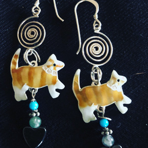 Cloisenne' Ginger kittens with silver spirals, turquoise, kyanite, with Hematite hearts  by Ann Marie Hoff
