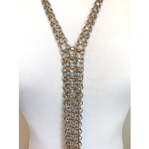 Long Gold on Stainless Steel Chainmail Fringe Necklace, Beaded Chains Necklace, Bright Gold Glass Beads on Layered Stainless Steel Chains, Adjustable Length by Nicole Parisi May