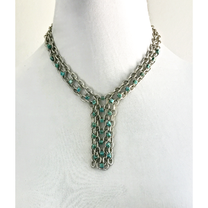 Turquoise and Sparkling Bright Silver Y Shaped Beaded Chains Necklace, Chainmail Statement Necklace, Layered Chains, Adjustable by Nicole Parisi May