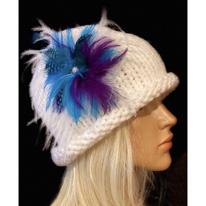Women’s paper white, rolled brim cloche hat with a decorative feather brooch  by Sherri Gold
