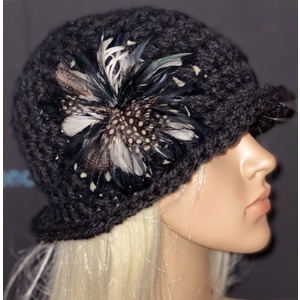 Women’s black cloche hat it’s a feather brooch  by Sherri Gold