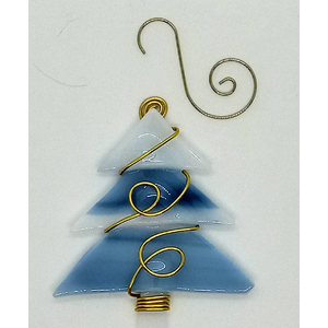 Fused Glass Wire Wrapped Blue and White Christmas Tree Ornament by Kat Huddleston