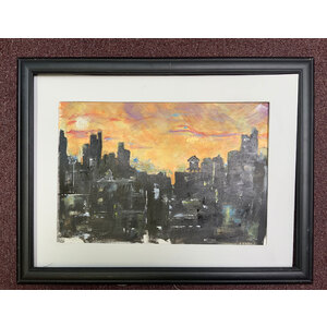 City with Orange Sky - Framed Original Painting 18" X 24" - FREE SHIPPING by Bob Leopold