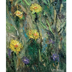 Yellow Flowers in Field - Framed Original Art 18”x24” - free shipping by Bob Leopold