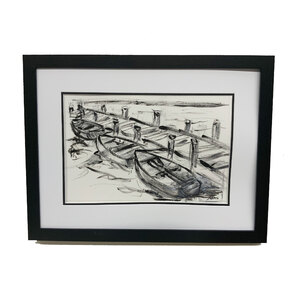 Boats at Pier - 18"X24"  Original black and white painting - FRAMED - Free Shipping by Bob Leopold