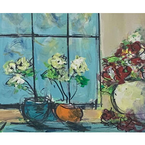 Flowers in Front of Window - Original Painting 16"X20" - FRAMED - free shipping by Bob Leopold