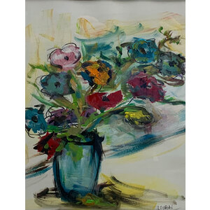 Blue Vase with Flowers - 16" X 20" framed original painting - FREE SHIPPING by Bob Leopold