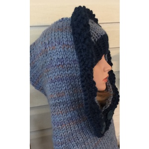 Women’s two piece set hooded cowl and matching beanie in blue tones by Sherri Gold