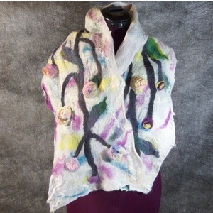 Nuno felted white with tree and flower designed scarf by Maria Berghauer
