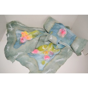 Light turquoise nuno felted roses scarf by Maria Berghauer