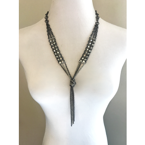 Long Beaded Chainmail Knot Necklace with Gunmetal and Antique Silver Chains and Silver Glass Beads by Nicole Parisi May