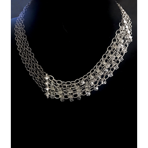 Stainless Steel and Gunmetal Asymmetrical Chainmail Necklace with Silver Lined Glass Beads & Diamond Shaped Crystal Bars by Nicole Parisi May
