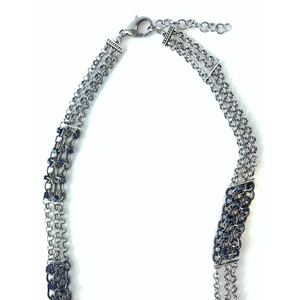 Asymmetrical Long and Layered Chainmail Necklace with Draped Silver and Gunmetal Chains, Steel Chain and Gunmetal Iris Glass Beads by Nicole Parisi May