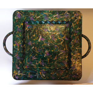 Shimmering Large Square Green Serving Platter with Handles  by Deborah Potash Brodie
