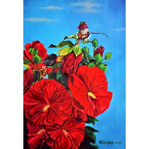 Deep Red Hibiscus and Wine Throated hummingbird 16"x 20" by Dana Newman