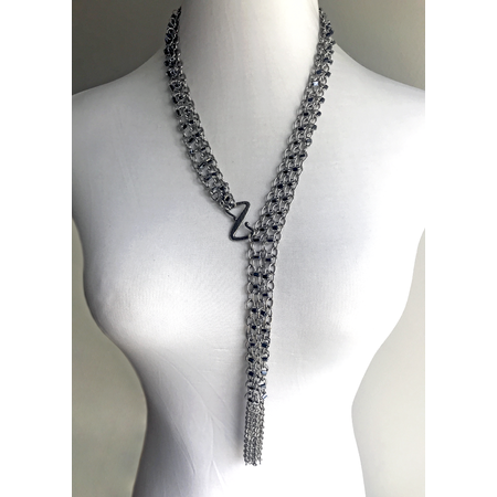 Medium long scarf style necklace  black lined on stainless steel bodice semi close