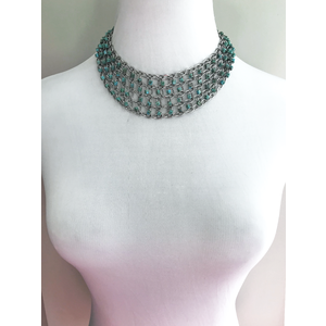  Turquoise Glass Beaded Stainless Steel Chains Statement Necklace, Beaded Chains Necklace, Chainmail Necklace, Adjustable Length by Nicole Parisi May