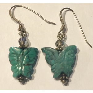 Carved Turquoise Butterfly Earrings With Sawarovski Crystal beads & Silver by Ann Marie Hoff