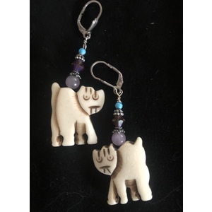 Cat Earrings with lavender jade, turquoise and sawarovski crystal on silver lever backs  by Ann Marie Hoff
