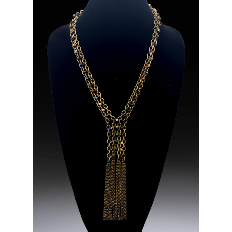 Mixed Metals Beaded Bronze Fringe Necklace, Long and Layered Chainmail Necklace with Opal Metallic Glass Beads, Beaded Chains, Adjustable Length by Nicole Parisi May