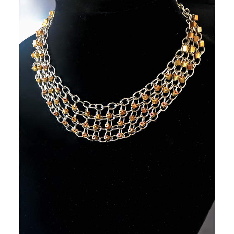 Stainless Steel Chainmail Necklace with 24K Gold Iris Glass Beads, Opal Necklace, Choker Style with Adjustable Length, Silver and Rose Gold by Nicole Parisi May