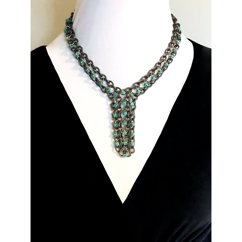 Turquoise and Sparkling Gunmetal Y Shaped Beaded Chains Necklace, Chainmail Statement Necklace, Layered Chains with Glass Beads, Adjustable by Nicole Parisi May
