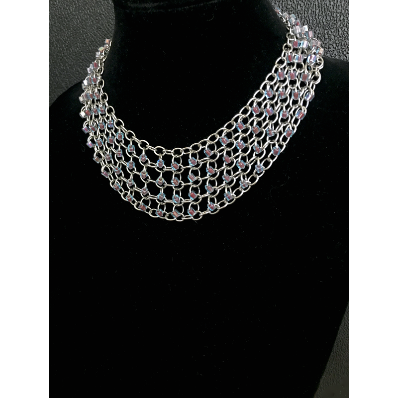 Pink Lined Aqua Beaded Stainless Steel Chainmail Necklace, Layered Chains, Lightweight Statement Necklace, Adjustable Length by Nicole Parisi May