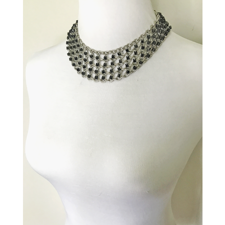 Medium black marble on bright textured silver chain 5 row classic bodice left angle