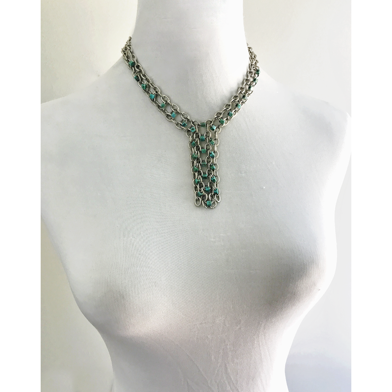 Turquoise and Sparkling Bright Silver Y Shaped Beaded Chains Necklace, Chainmail Statement Necklace, Layered Chains, Adjustable by Nicole Parisi May