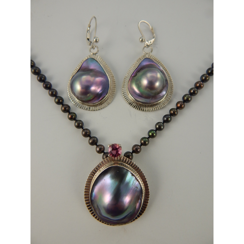 Mexican Mabe Pearl Pendant & Earrings by Harry Mackie